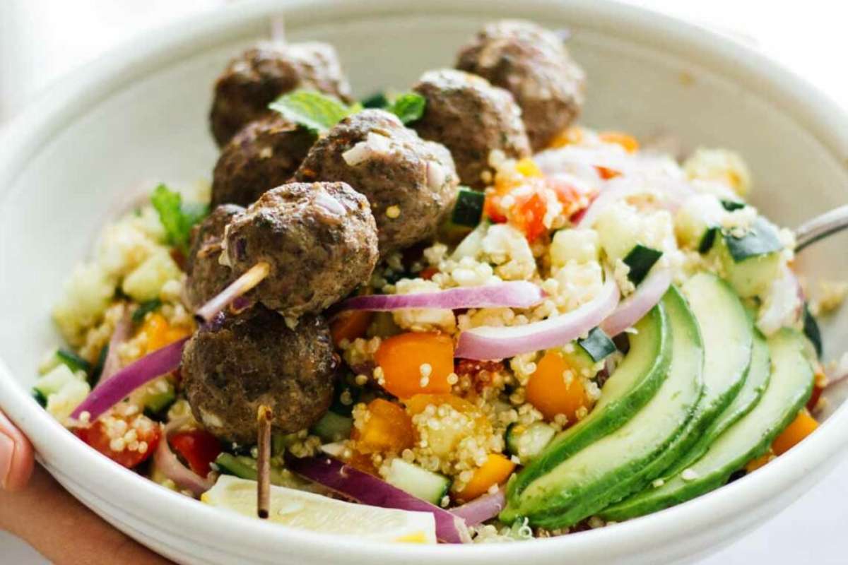 Mediterranean Salad Bowls W/ Lebanese Bbq Meatballs.