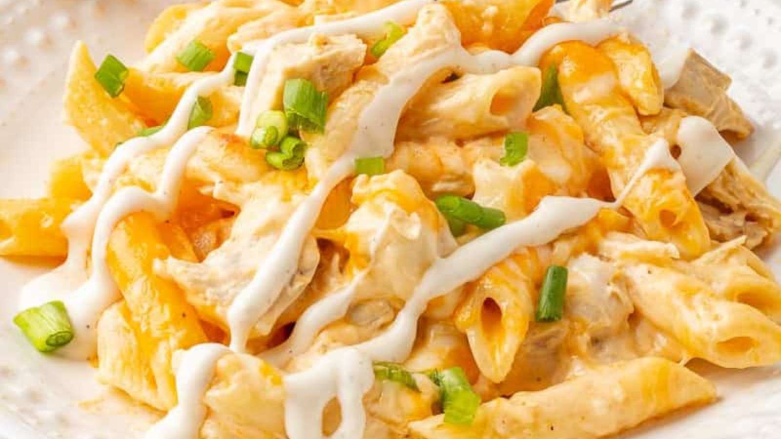 Creamy Buffalo Chicken Pasta recipe by She's Not Cookin'.