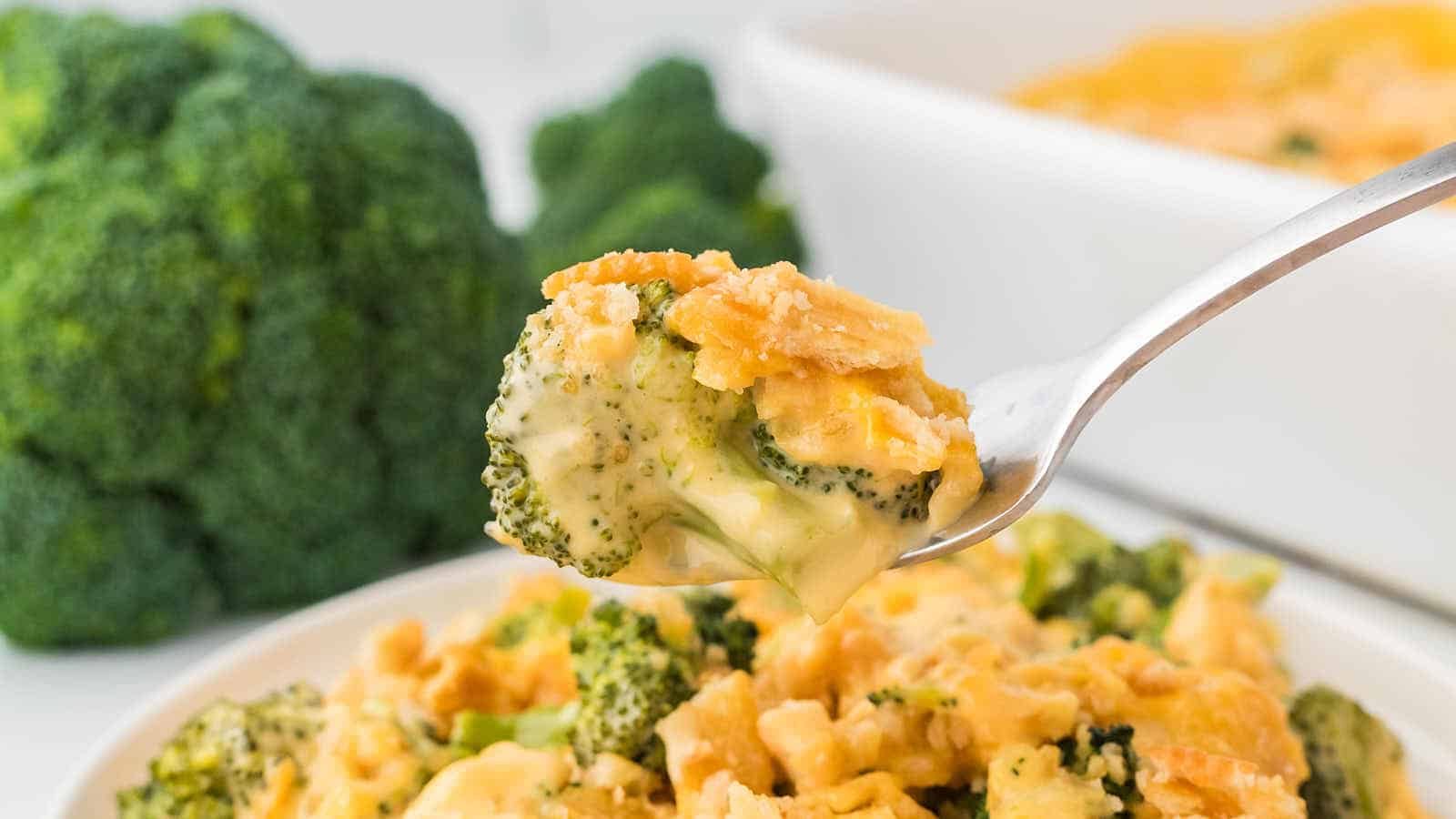 Easy Cheesy Broccoli Casserole with Velveeta and Ritz Crackers.