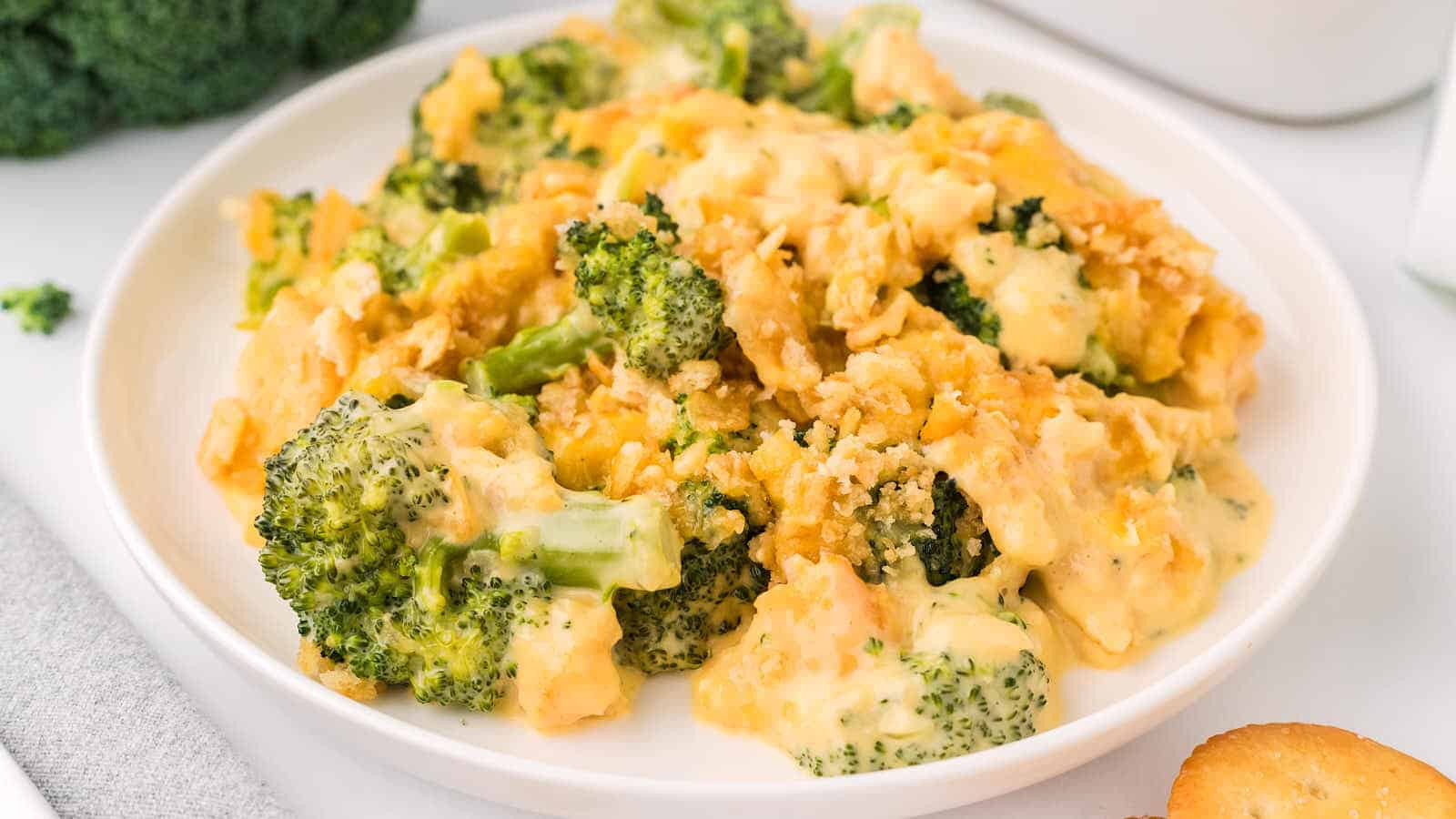 Easy Cheesy Broccoli Casserole with Velveeta and Ritz Crackers.