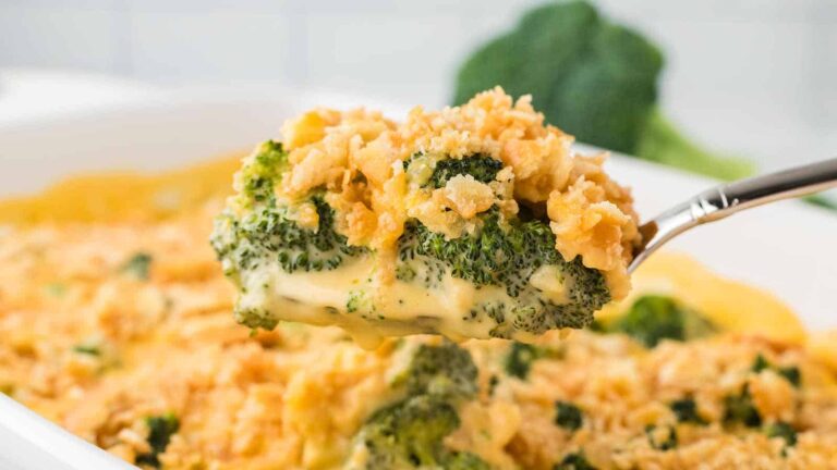 Easy Cheesy Broccoli Casserole with Velveeta and Ritz Crackers.