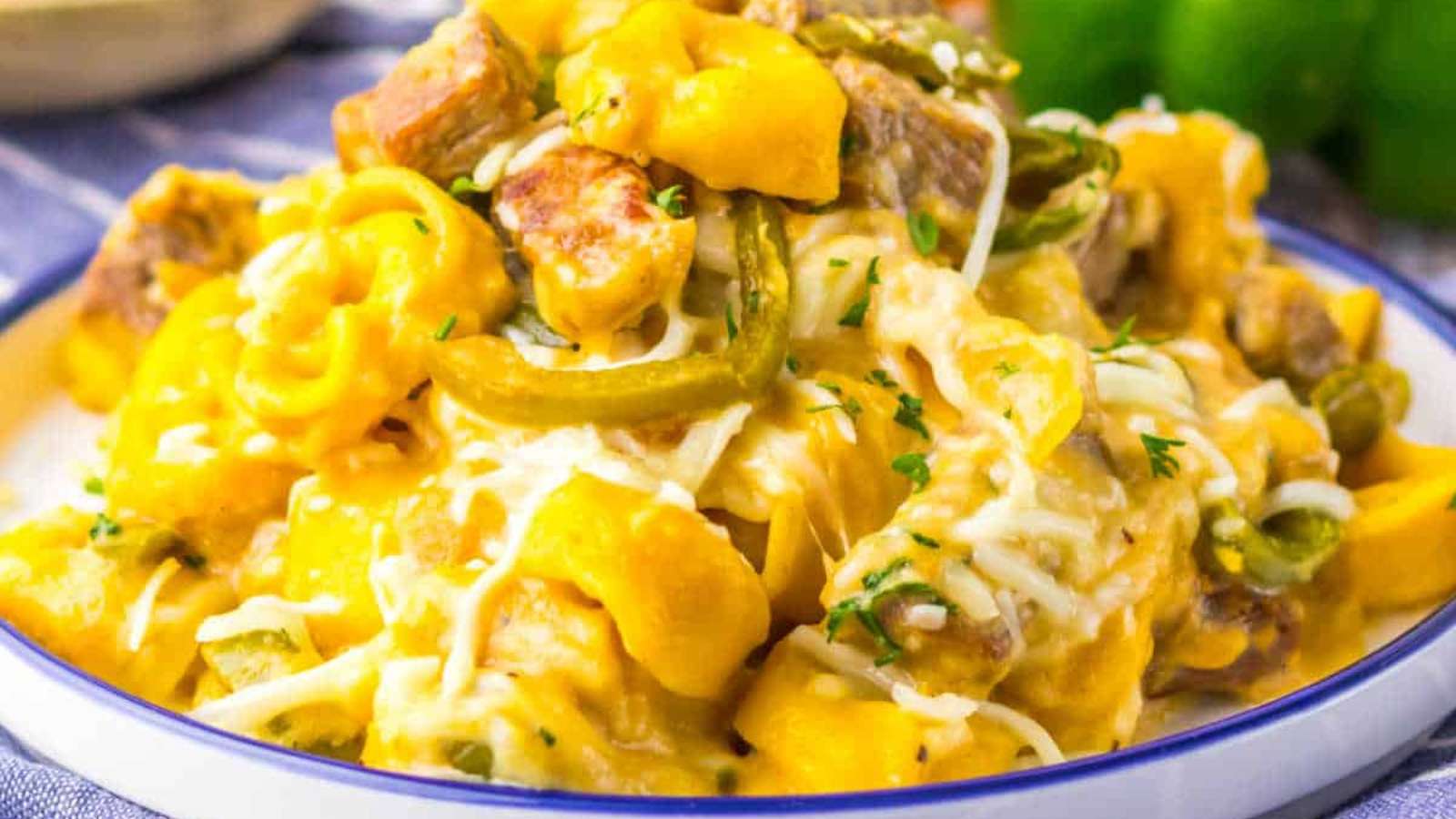 One-Pot Cheesesteak Tortellini recipe by Busy Day Dinners.