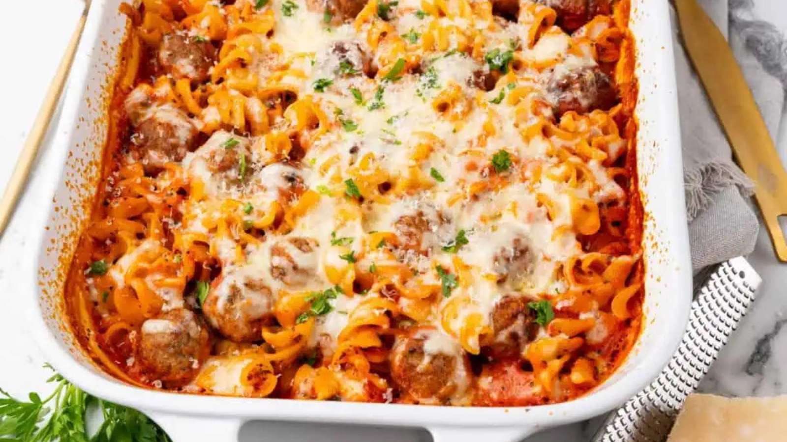 Meatball Pasta Casserole recipe by One Hot Oven.