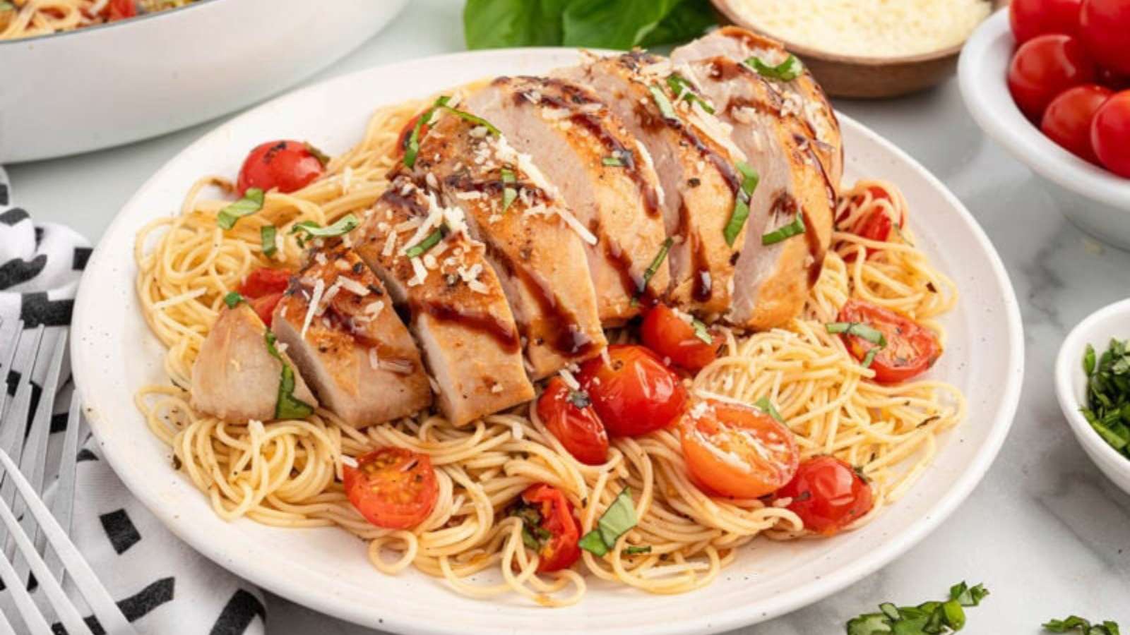 Bruschetta Chicken Pasta recipe by Princess Pinky Girl.