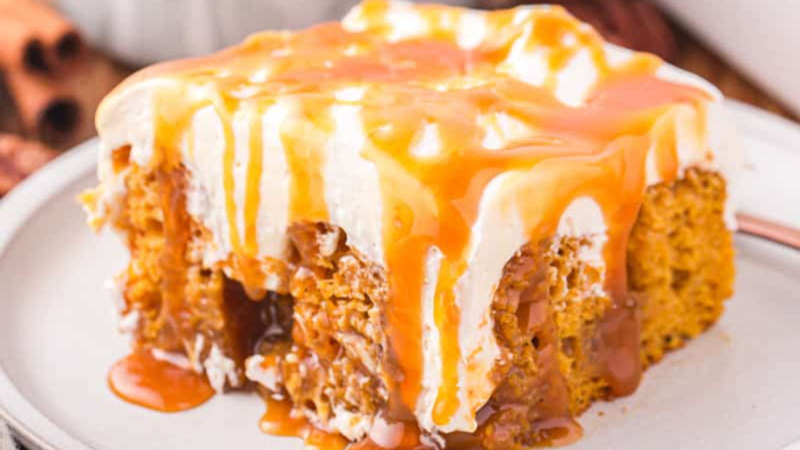 Pumpkin Caramel Poke Cake recipe by She's Not Cookin'.