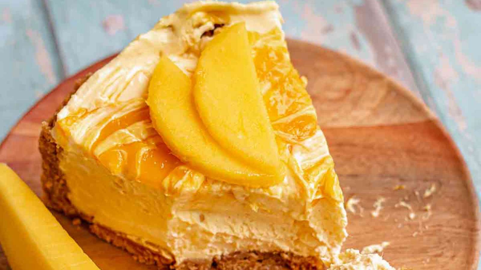 No-Bake Mango Cheesecake recipe by The Cozy Plum.