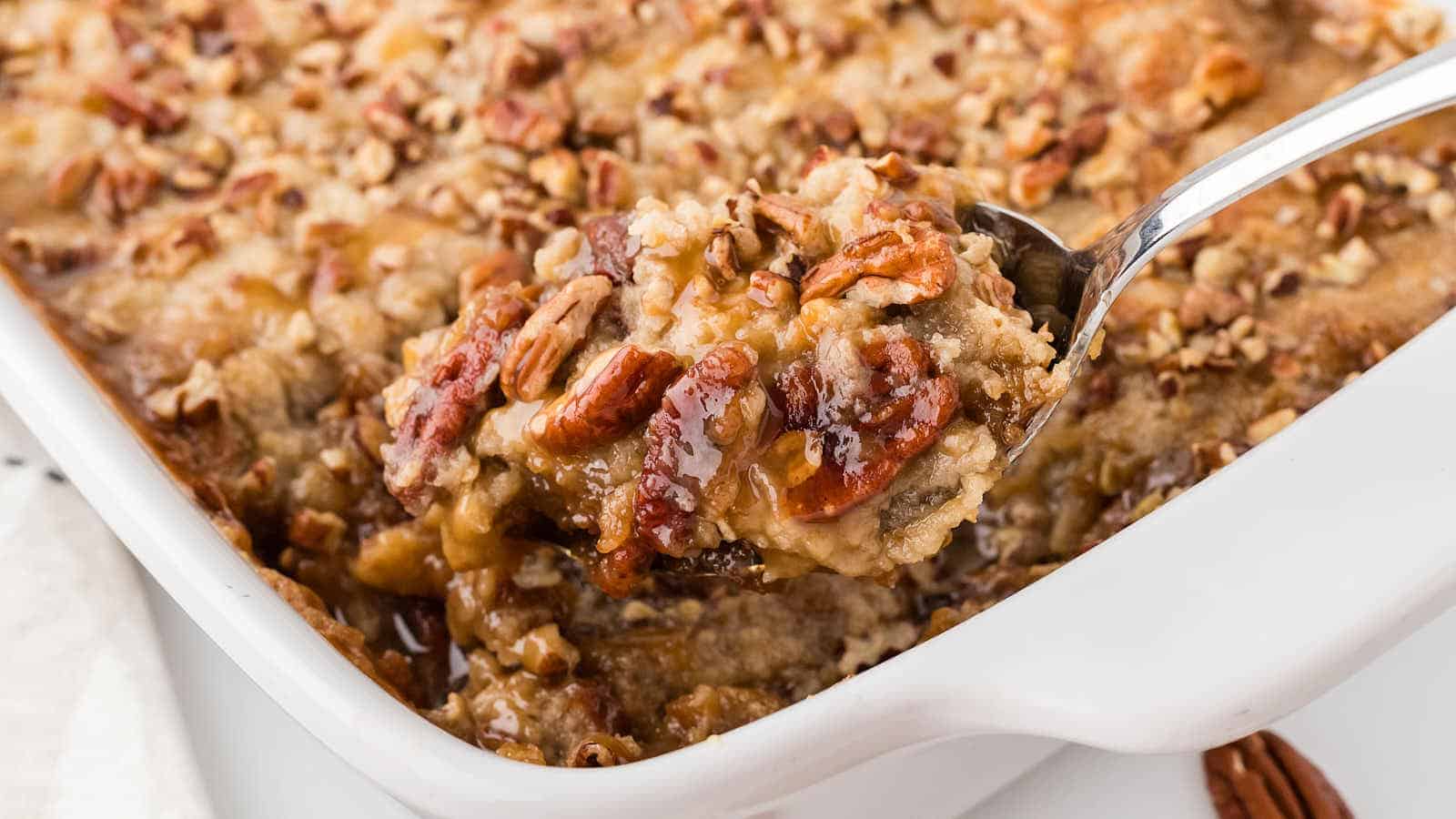 Pecan Pie Dump Cake recipe by Cheerful Cook.