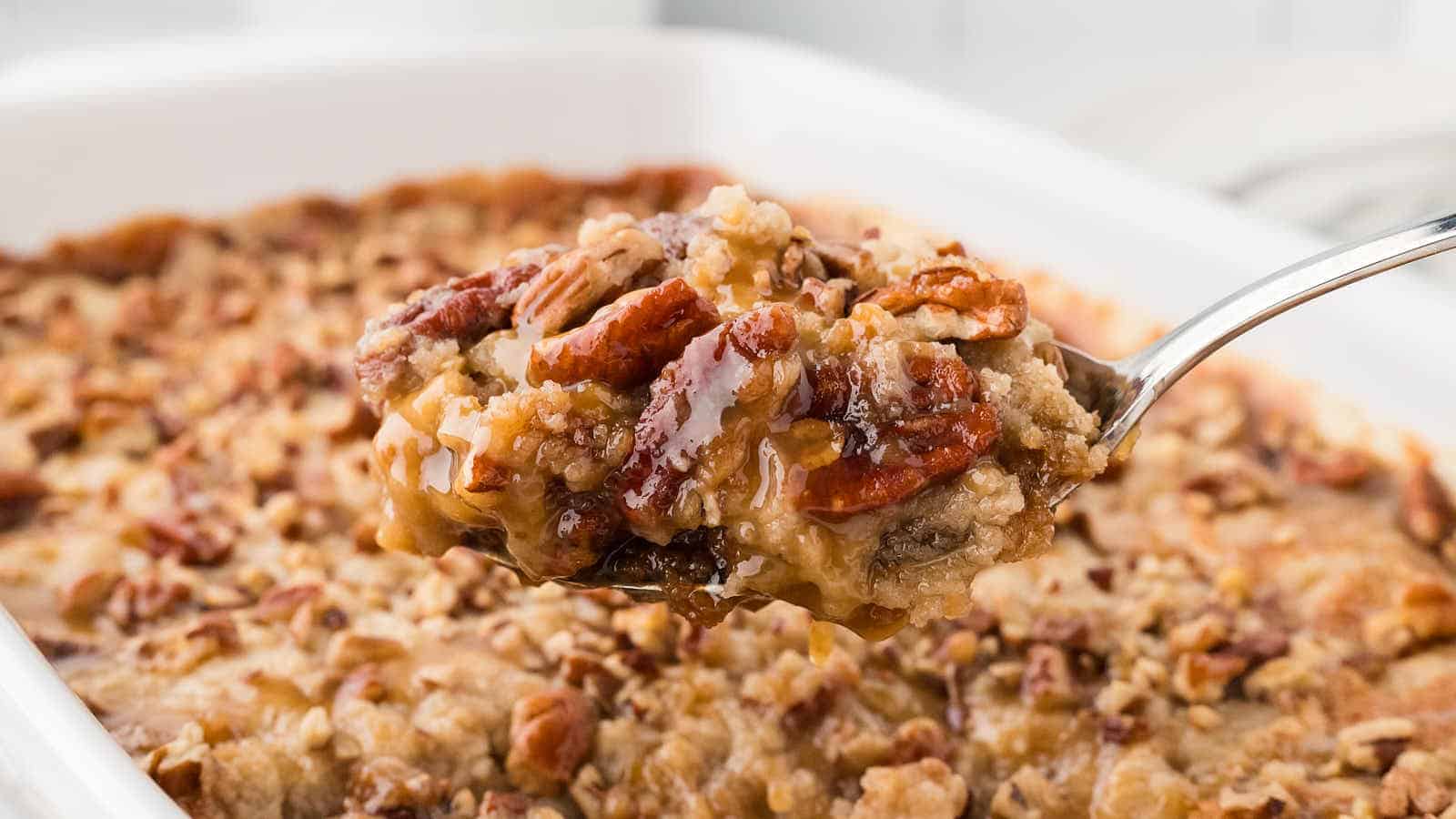Pecan Pie Dump Cake recipe by Cheerful Cook.