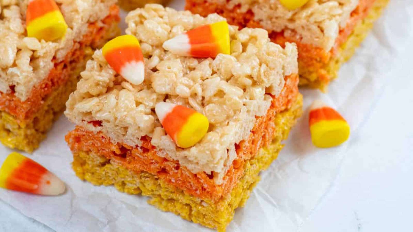 Candy Corn Rice Krispie Treats recipe by Fantabulosity.
