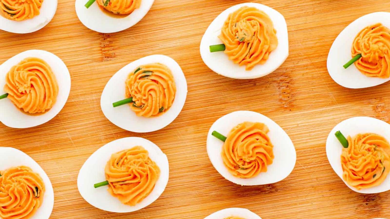 Pumpkin Deviled Eggs recipe by Fantabulosity.
