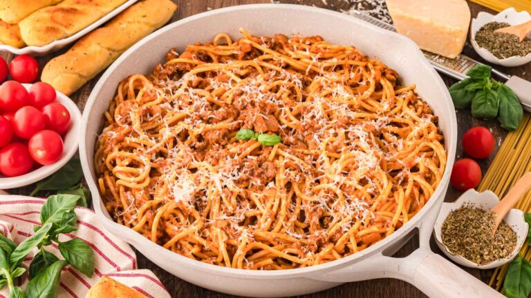 One Pot Spaghetti recipe by Tessie's Table.