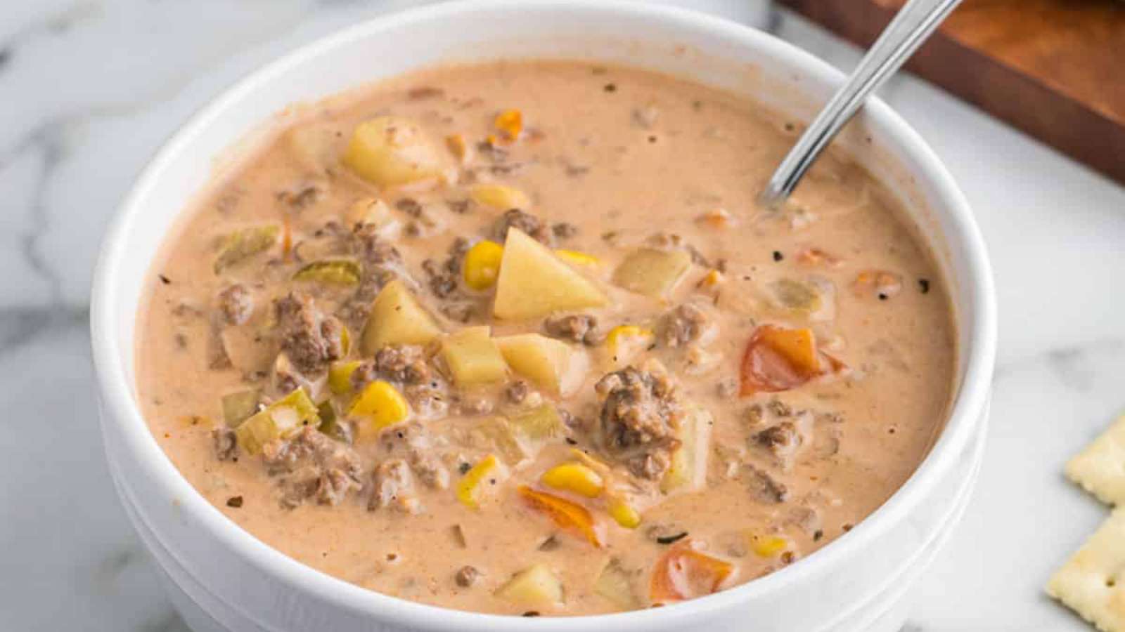 Crockpot Cheeseburger Soup recipe by Belle of the Kitchen.
