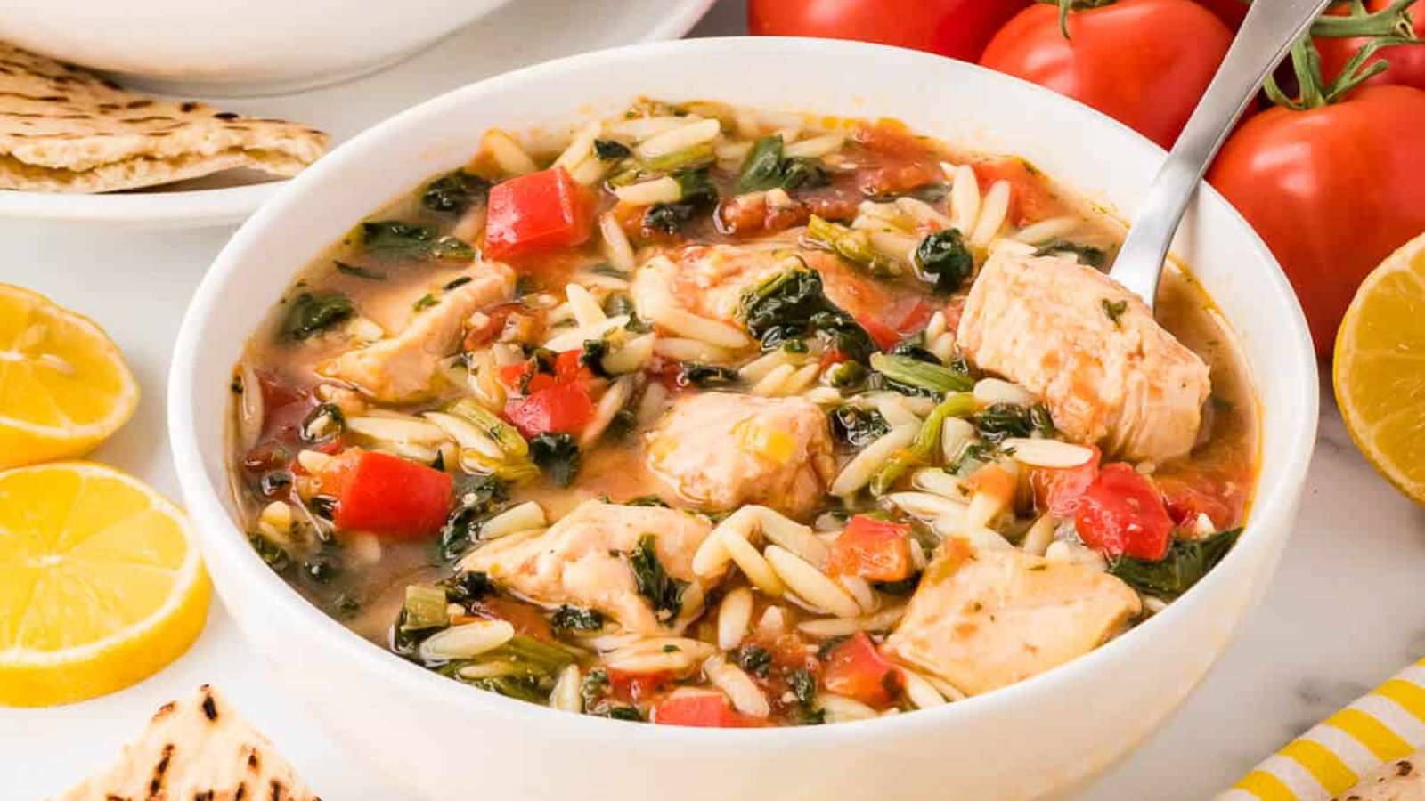 Greek Chicken Orzo Soup recipe by Simply Stacie.