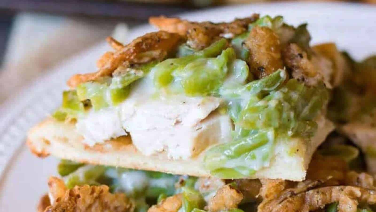 Green Bean Casserole Pizza recipe by Tastes of Lizzy T.