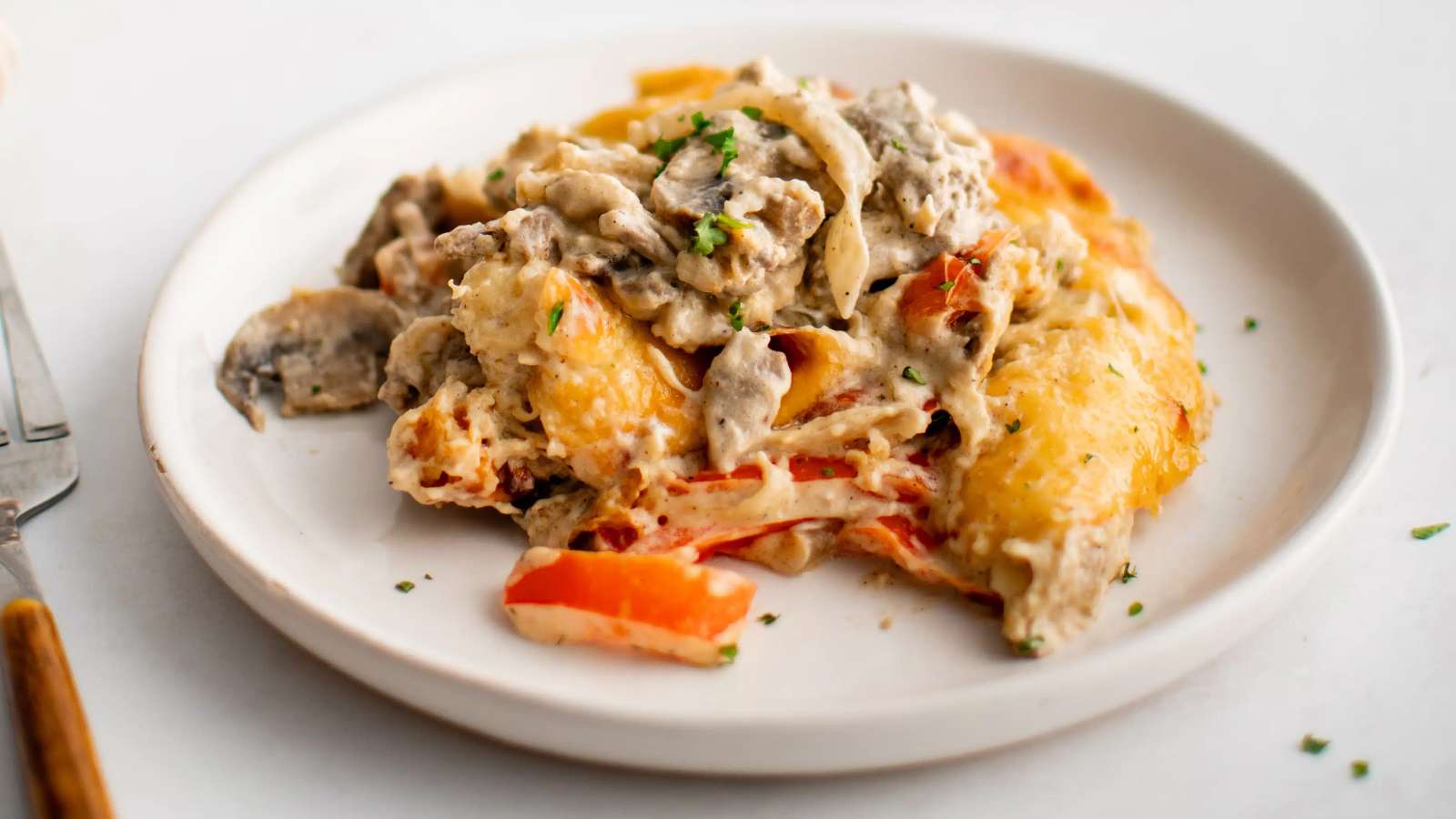 Philly Cheesesteak Casserole recipe by The Forked Spoon.