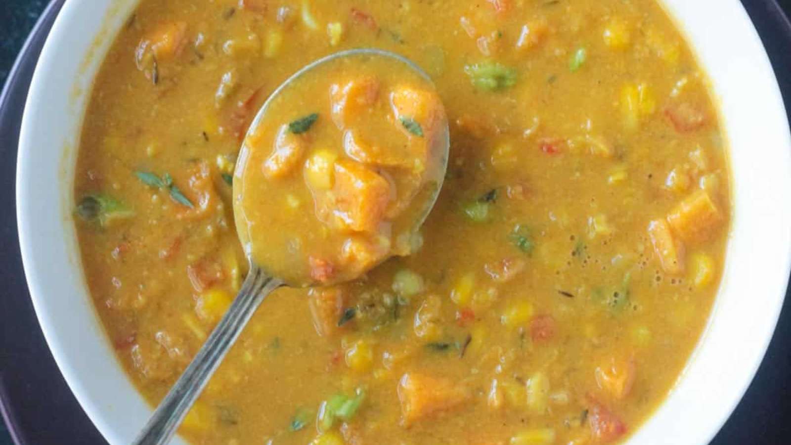 Sweet Potato Corn Chowder recipe by Veggie Inspired.