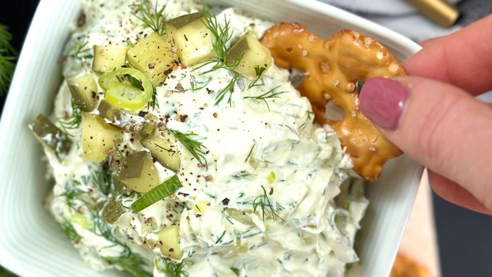 Creamy, Crunchy Dill Pickle Dip recipe by Style and Grace.